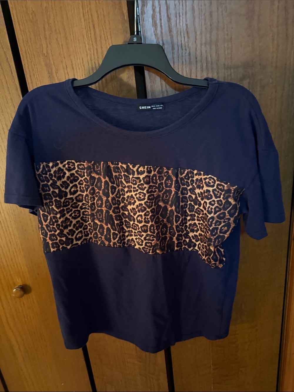 SHEIN Navy Tee with Leopard Print Panel